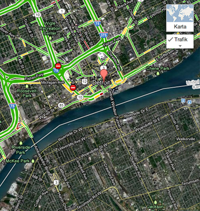Karta som visar placeringen av tunneln mellan Detroit och Windsor.