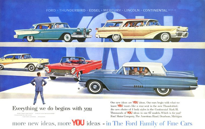 Här visas hela märkesprogrammet. Notera att även Lincoln var nyskapad till 1958, precis Thunderbird och Edsel. Den bilen som drar störst uppmärksamhet är Thunderbird!