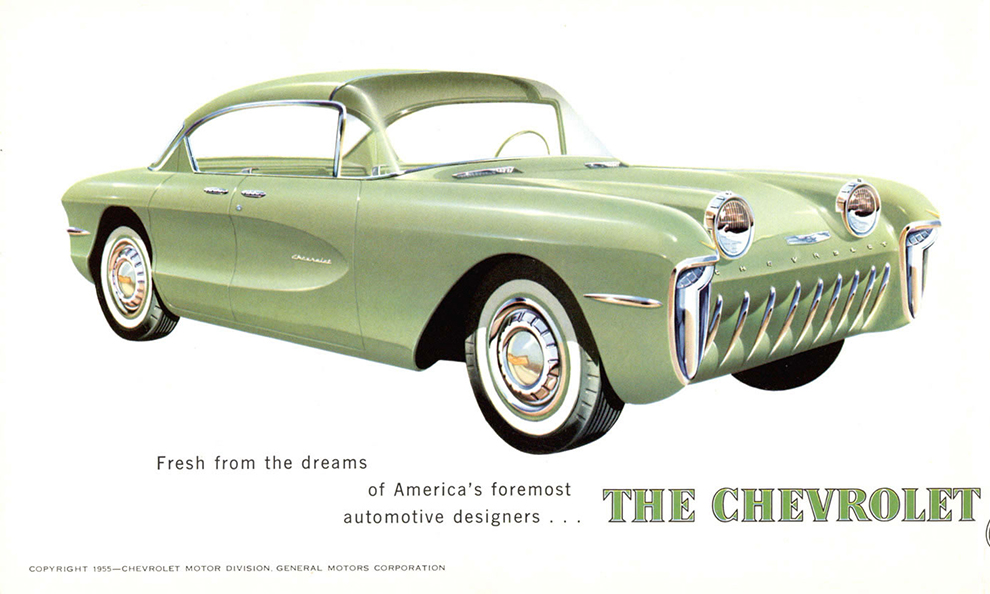 Chevrolet Biscayne som concept-bil 1955. Observera att de bakre dörrarna är felvända och att vagnen har en skulpterad, som senare skulle dyka upp på Corvette, men då åt andra hållet.