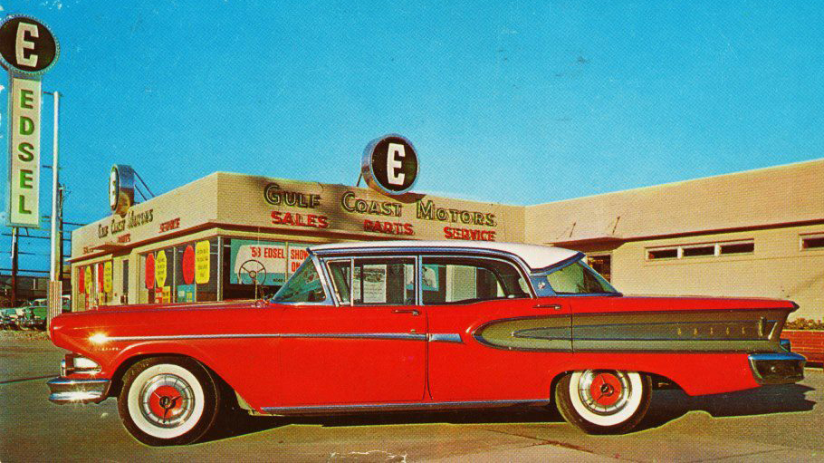 Åtskilliga återförsäljare hade Edsel som enda bilmärke! Man påpekar att 1959 kommer snart. Köp en 58:a till reducerat pris.