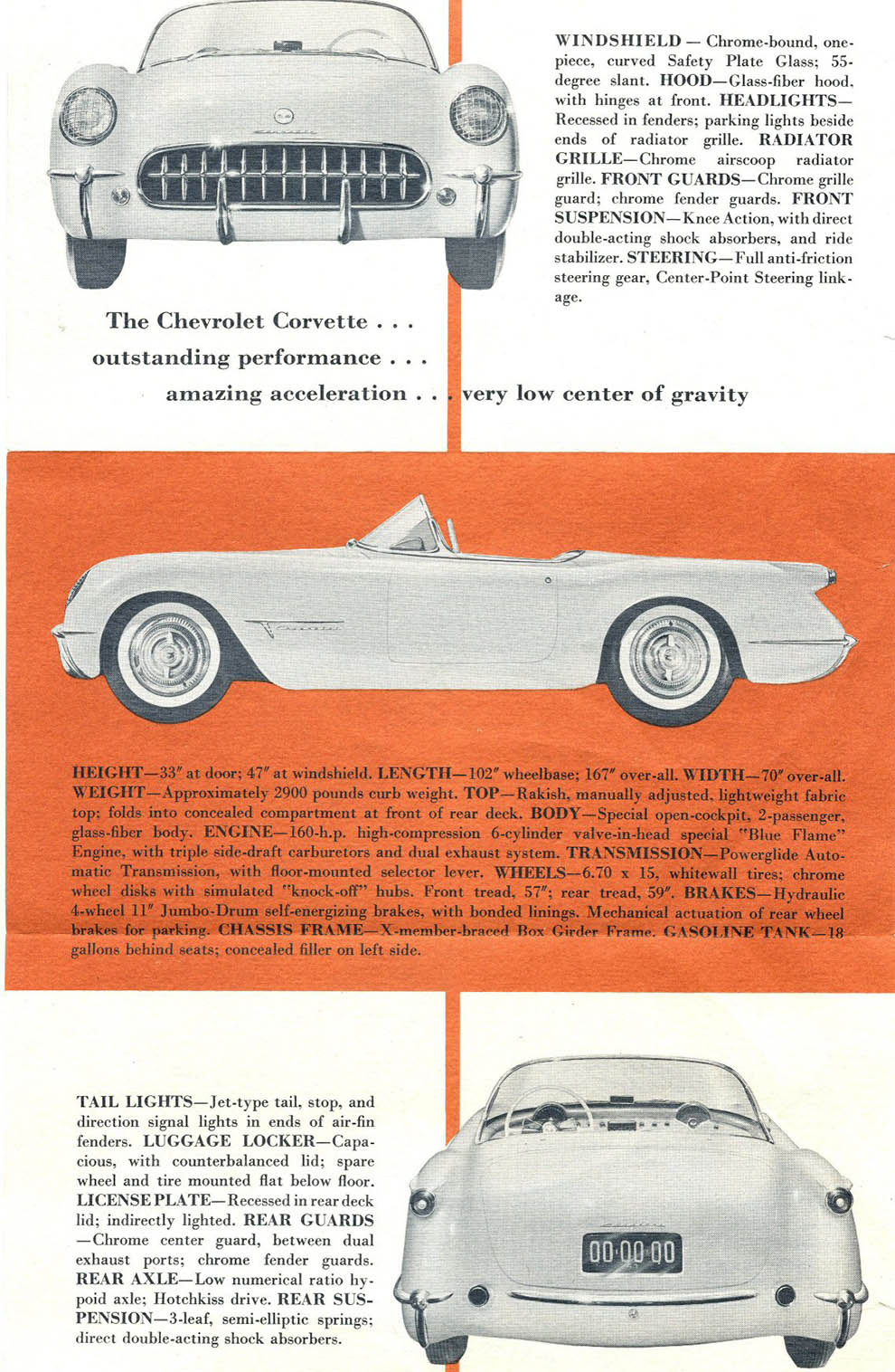 Originalbroschyren av Chevrolet Corvette där man fortfarande visar bilen med ”tummen” ned och anger effekten till 160 hk.