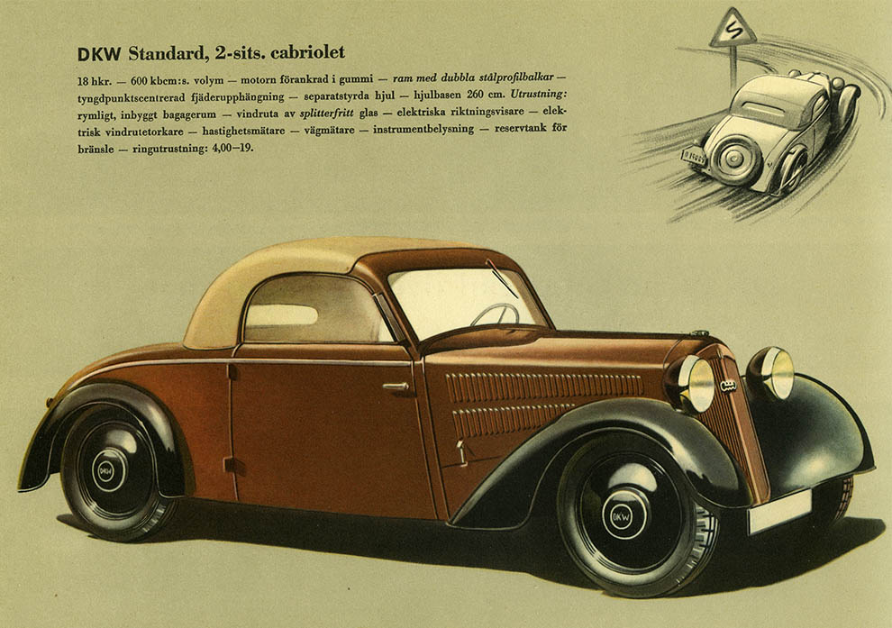 Bild ur den svenska originalbroschyren över 1939 års DKW. © Copyright WORLD MOTOR PRESS arkiv.