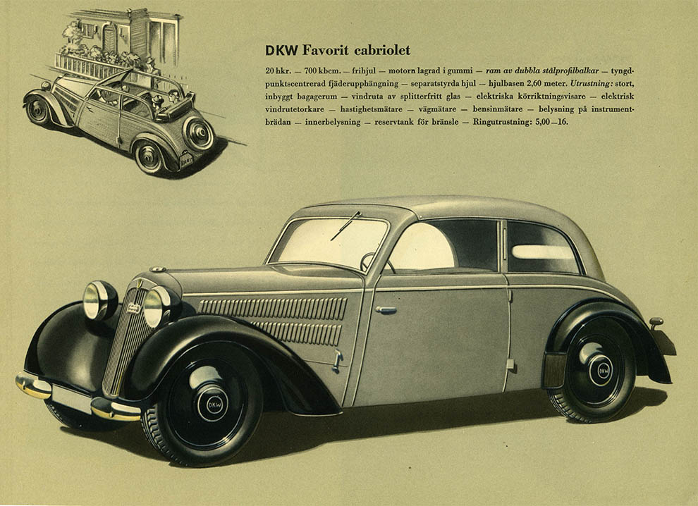 Bild ur den svenska originalbroschyren över 1939 års DKW. © Copyright WORLD MOTOR PRESS arkiv.