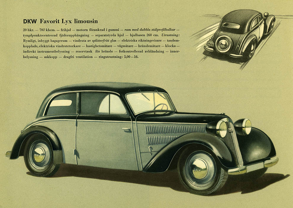 Bild ur den svenska originalbroschyren över 1939 års DKW. © Copyright WORLD MOTOR PRESS arkiv.