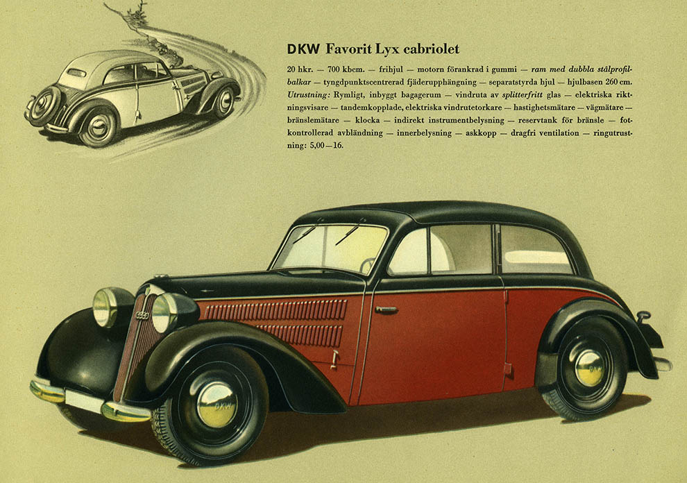 Bild ur den svenska originalbroschyren över 1939 års DKW. © Copyright WORLD MOTOR PRESS arkiv.