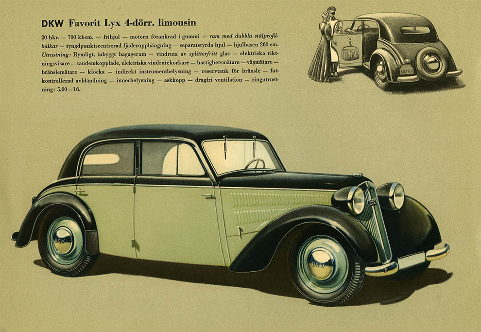 Bild ur den svenska originalbroschyren över 1939 års DKW. © Copyright WORLD MOTOR PRESS arkiv.
