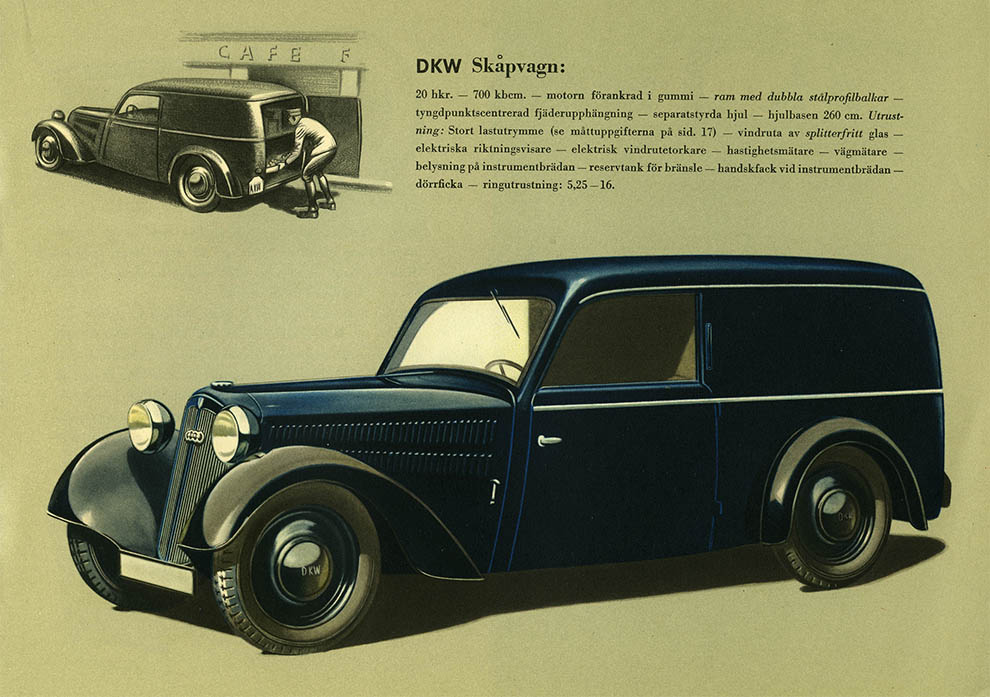 Bild ur den svenska originalbroschyren över 1939 års DKW. © Copyright WORLD MOTOR PRESS arkiv.