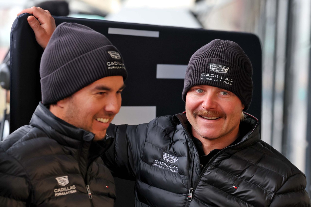 (L to R): Sergio Perez (MEX) Cadillac Formula 1 Team with team mate Valtteri Bottas (FIN) Cadillac Formula 1 Team. 16.02.2026. Formula 1, Cadillac Formula 1 Team Car Filming Day, Silverstone, England, Friday.