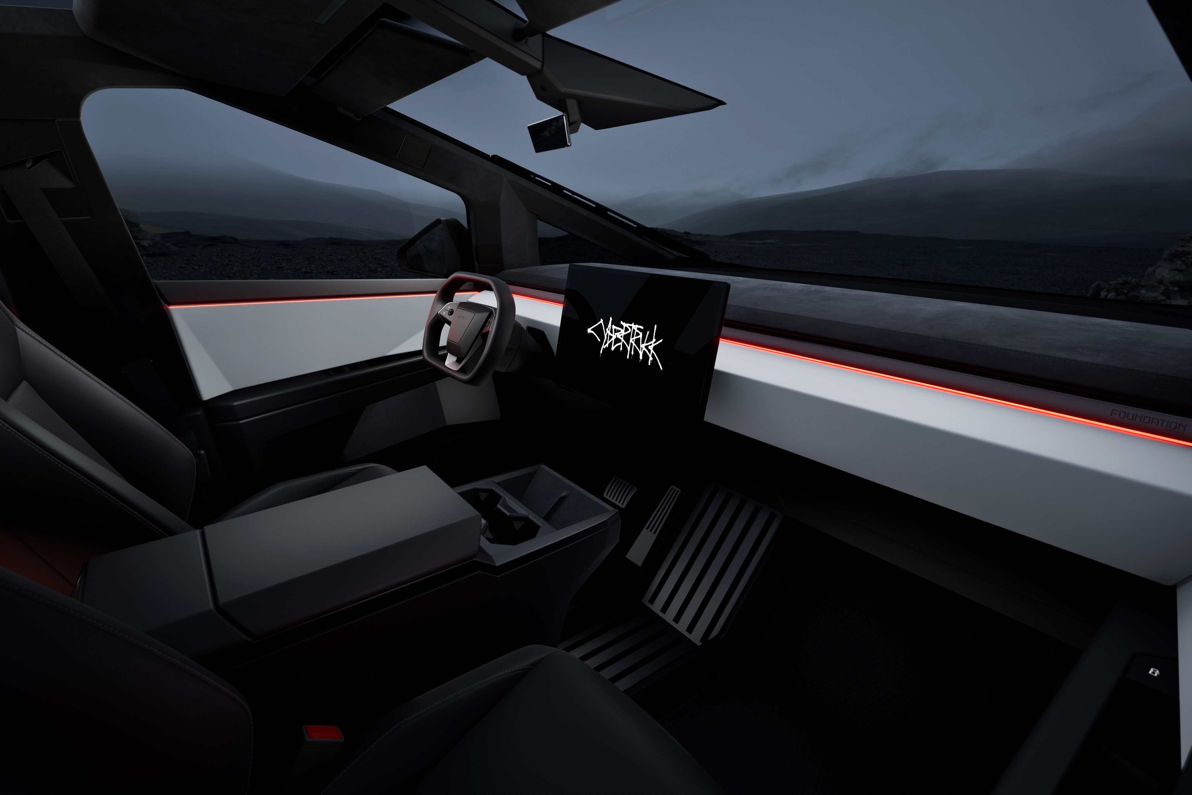 Minimalistisk med attityd: cockpit i Tesla Cybertruck visar att det rymdskeppslika formspråket fortsätter även på insidan.