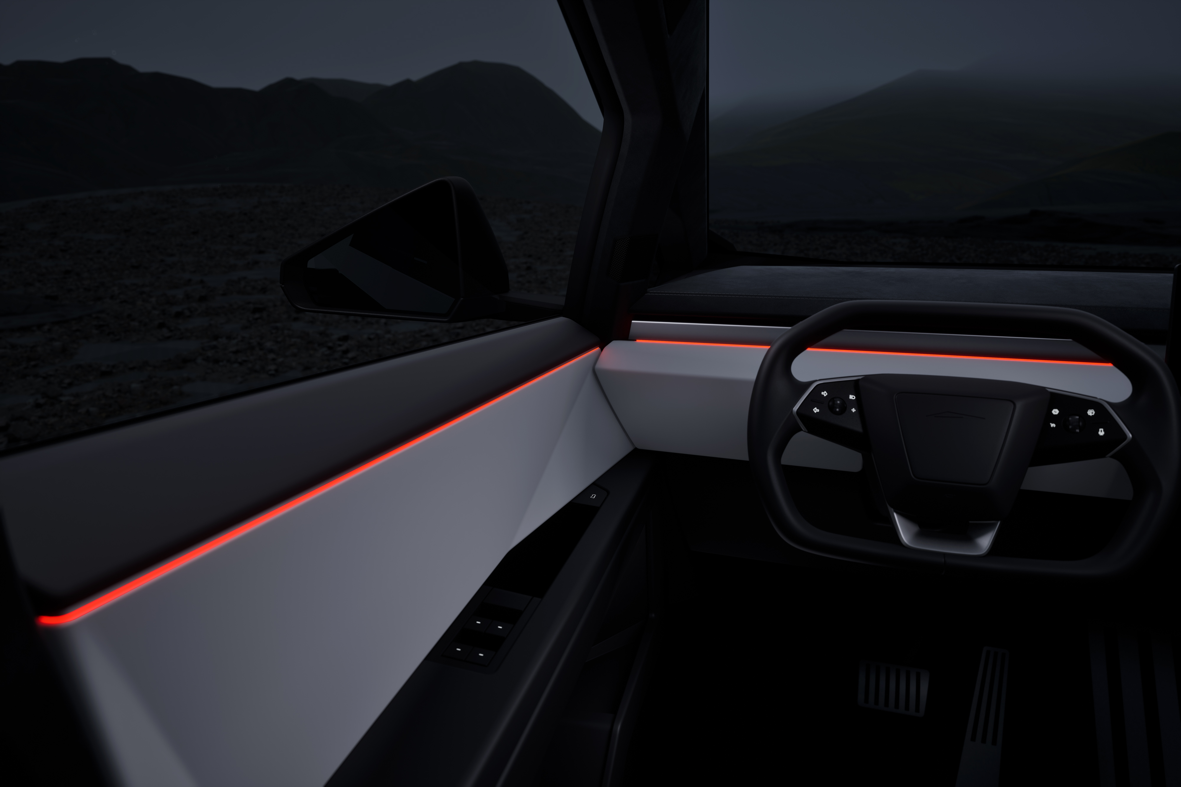 Vy av Cybertruckens interiör med röda LED-lister längs dörren och instrumentpanelen, samt fönsterreglage och en mörk omgivning.