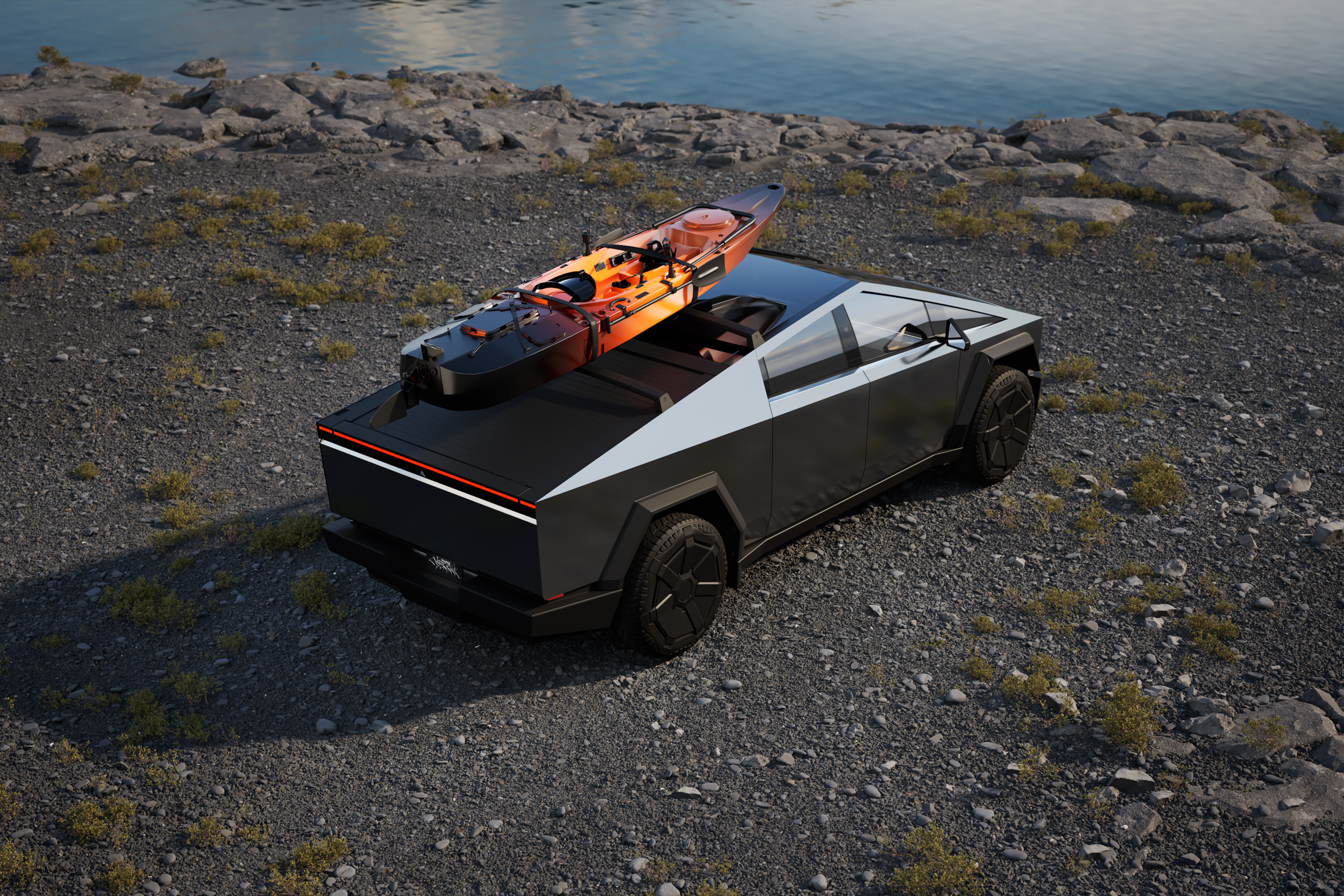 En Tesla Cybertruck med en orange kajak på takräcket står parkerad på en grusstrand vid vattnet.