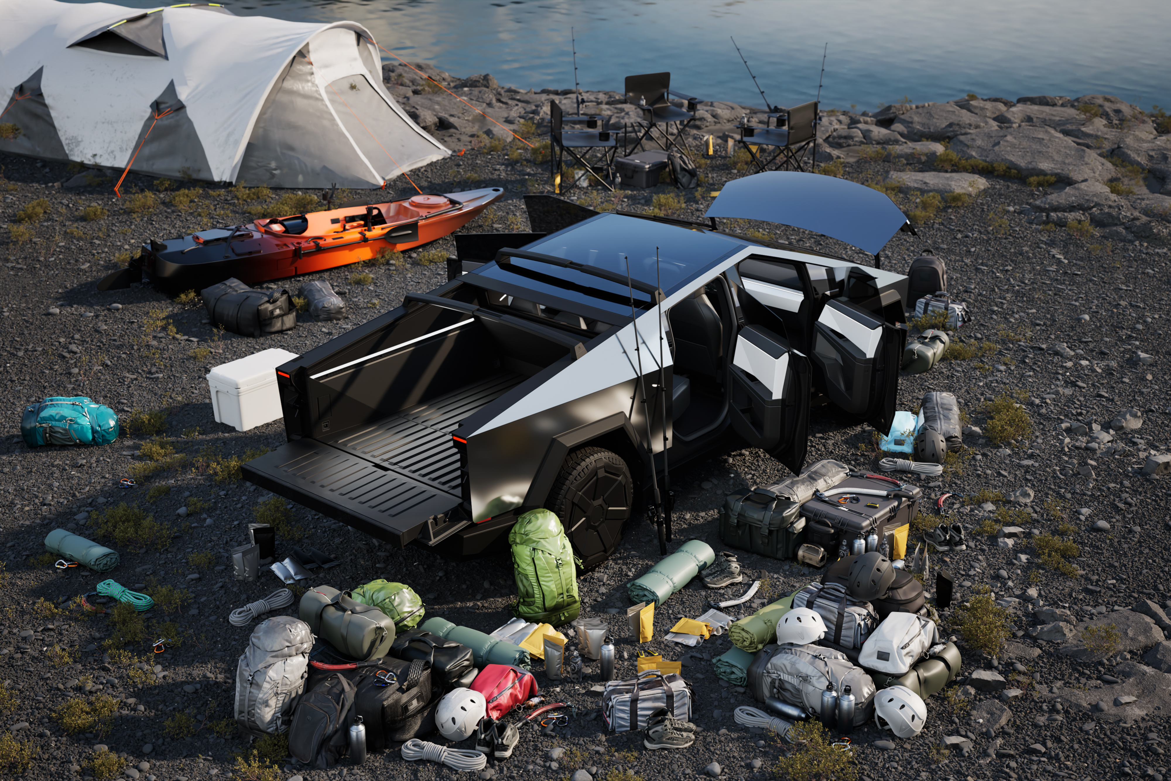 En Tesla Cybertruck med öppet flak och fälld baklucka omgiven av fiskeutrustning, campingstolar och packning vid en sjö.