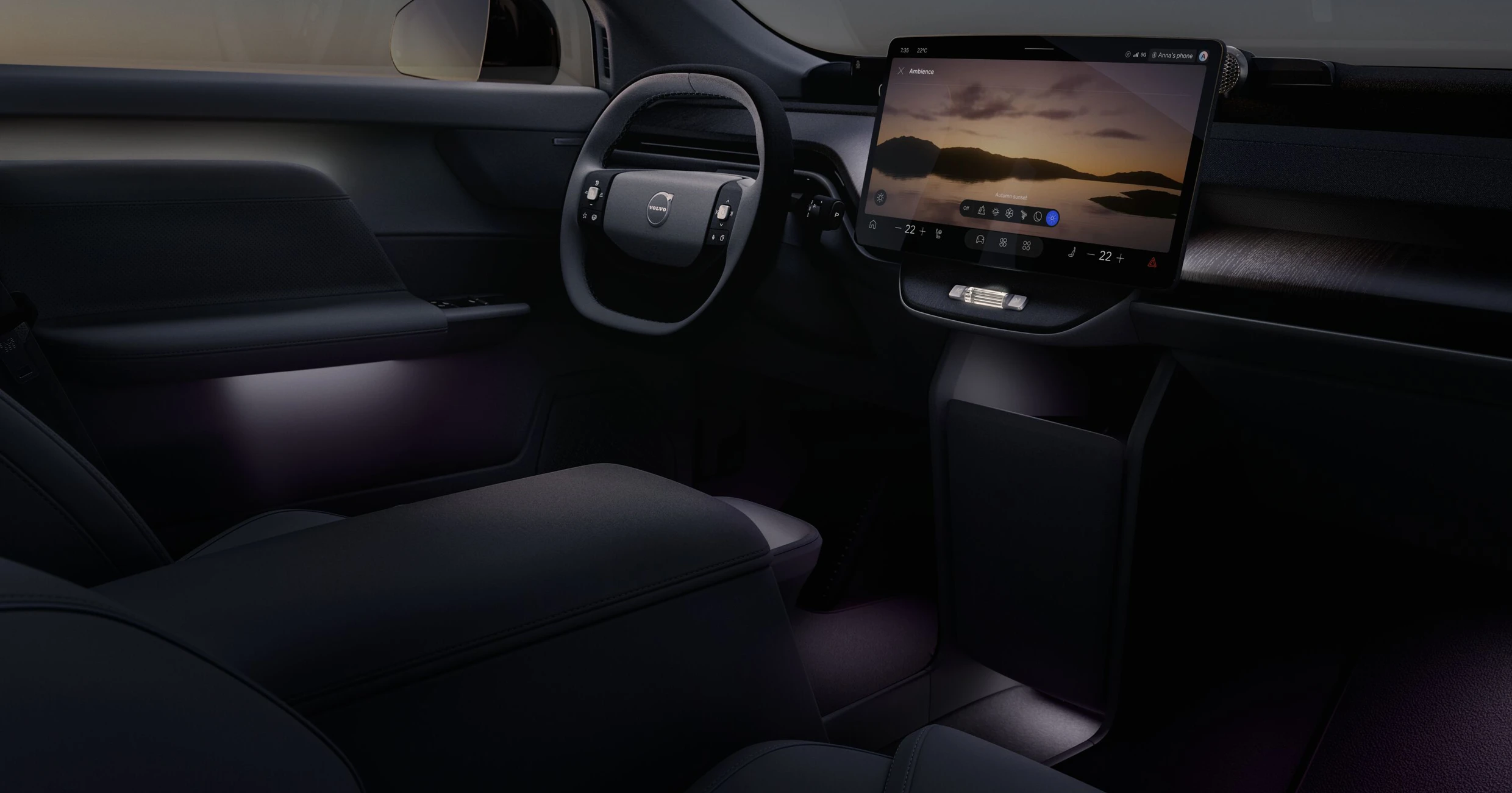 Interiören i Volvo EX60 hyllar det minimalistiska med en modern stor skärm som bjuder in till anpassning, perfekt för en avkopplande resa.