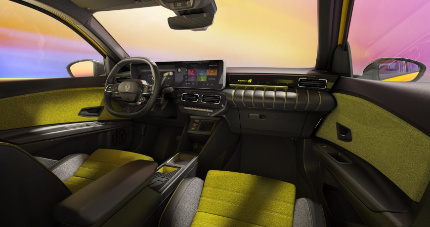 Möbler med inslag av textil. Invändigt har Renault 5 E-Tech Electric en tydlig retrokänsla som mixas med moderna detaljer som stora skärmar.