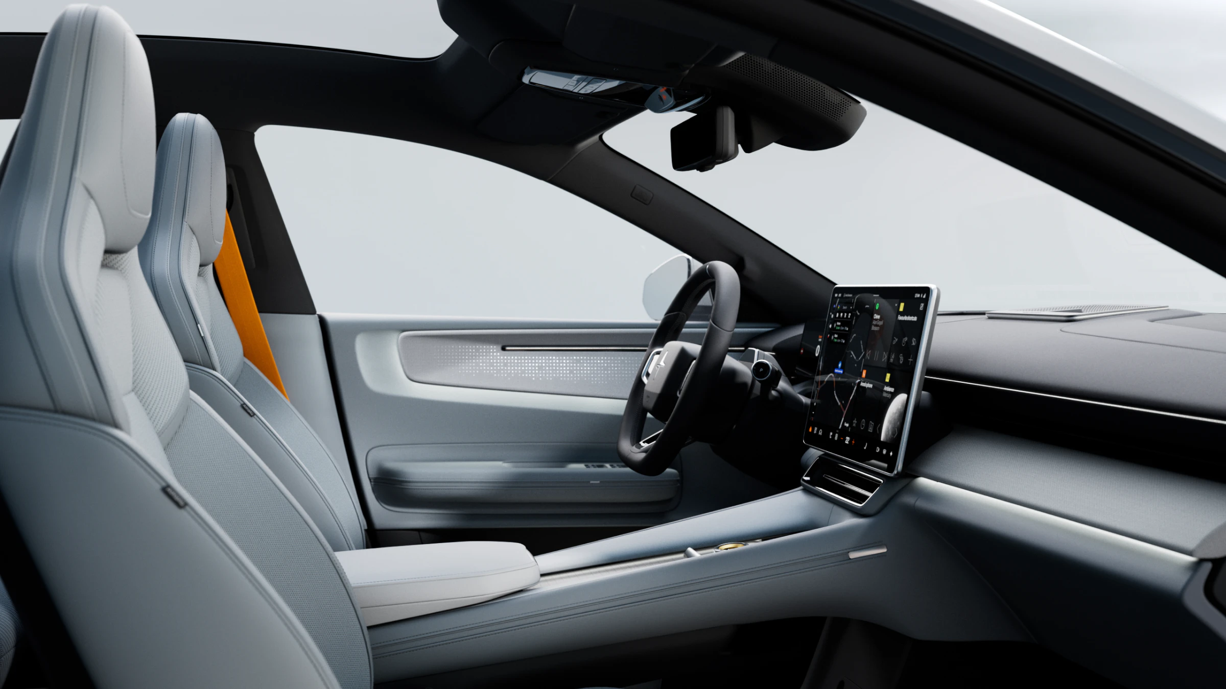 Polestar 4:ans interiör präglas av en minimalistisk design med fokus på hållbara material och teknik. De ljusa sätena och de orangea säkerhetsbältena ger en modern touch.