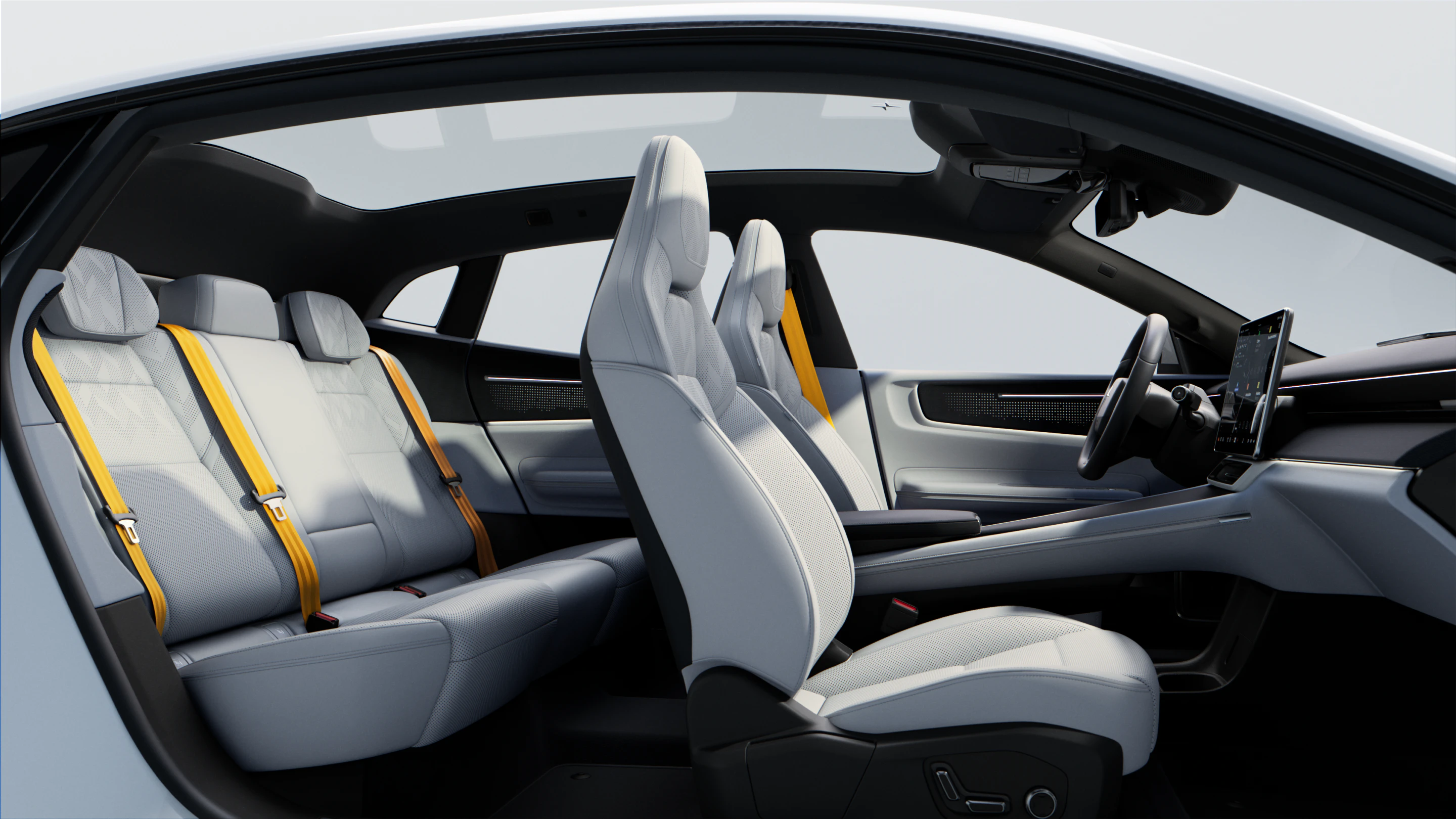 Polestar 4:s interiör erbjuder en ljus och rymlig känsla med ljust interiör, snygga detaljer och ett stort glastak. Guldfärgade säkerhetsbälten ger interiören en sportig touch.