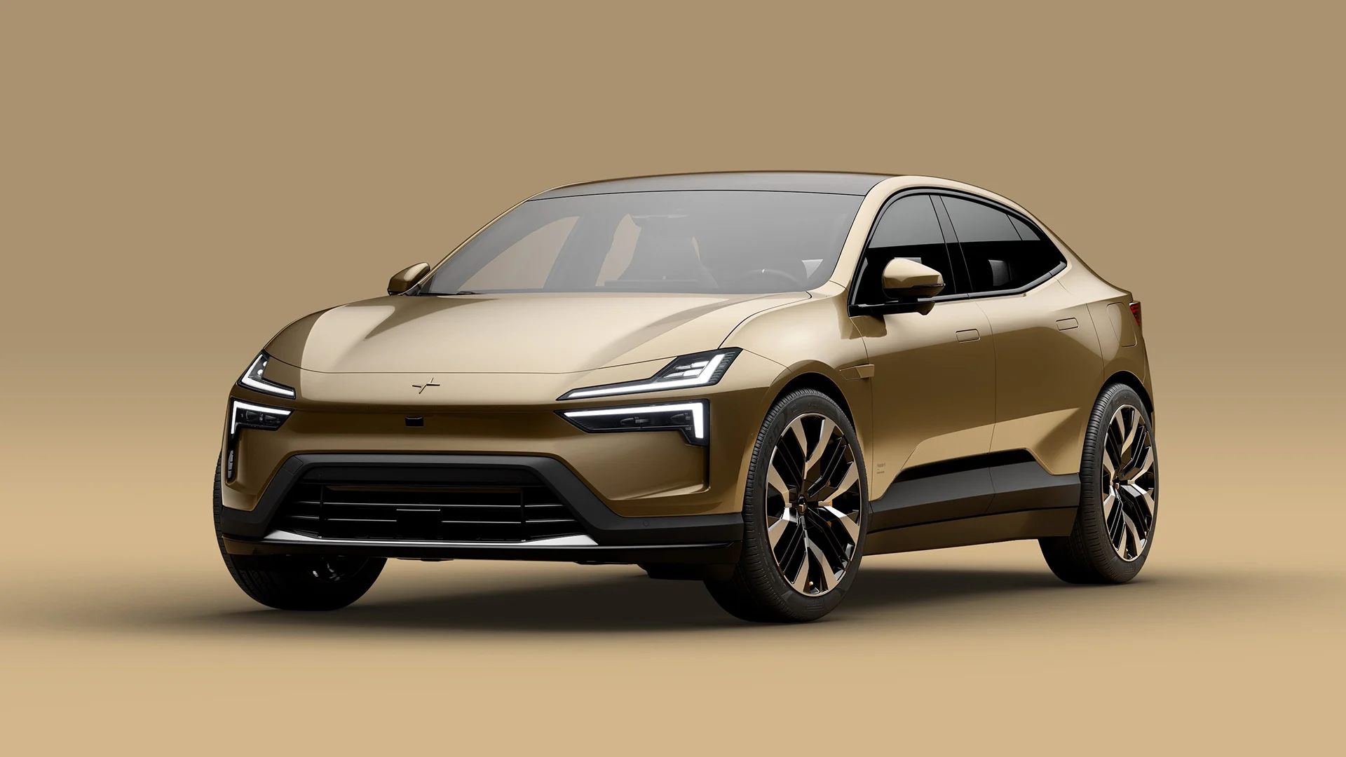 Polestar 4:ans futuristiska design med de unika Thors hammare-strålkastarna, här i den guldfärgade exteriören.