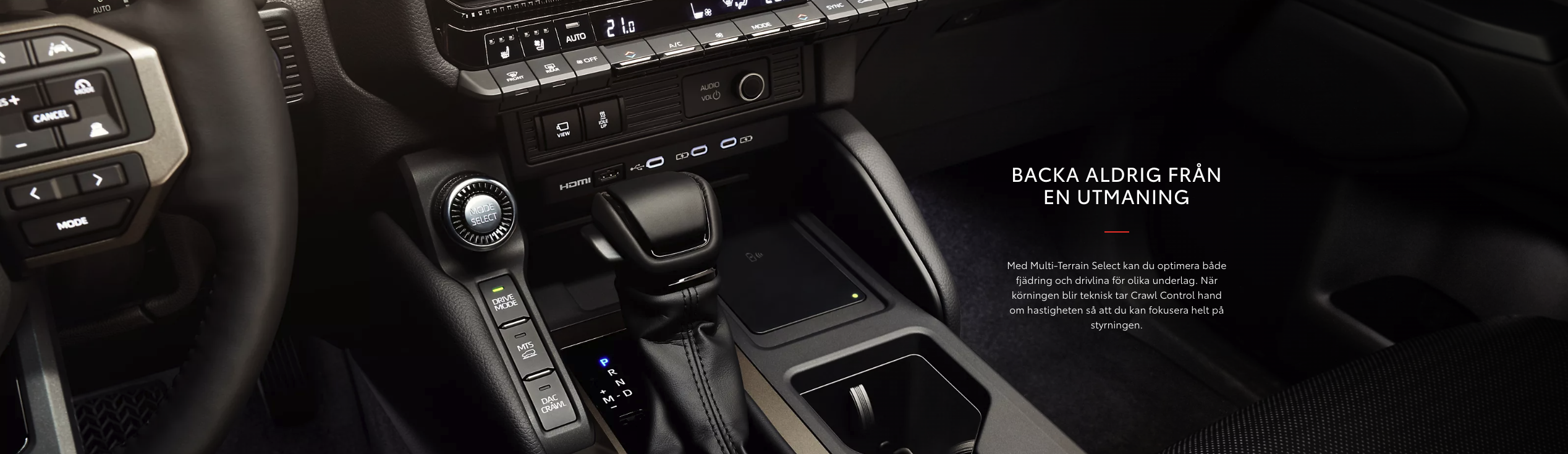 Interiören i nya Toyota Land Cruiser har reglage som "Multi-Terrain Select" och "Crawl Control", viktiga för terrängkörning.