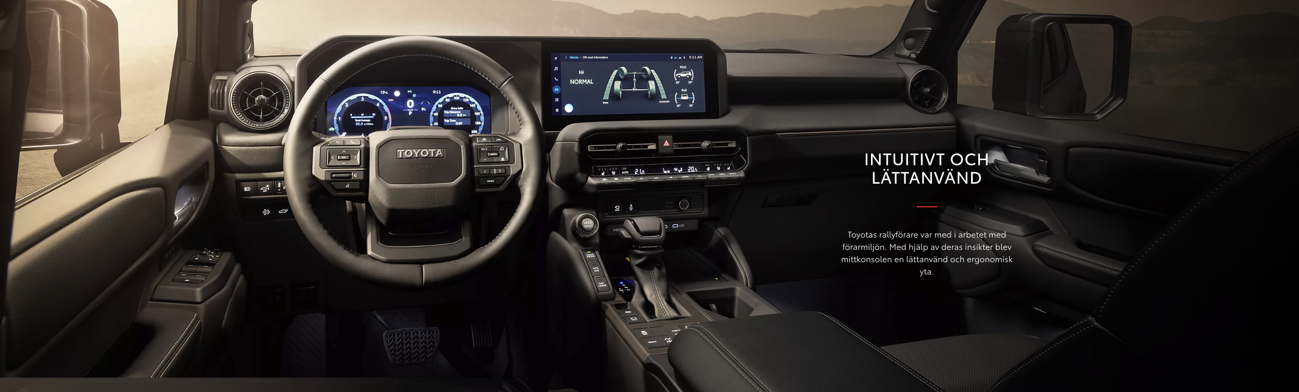 Interiören i nya Land Cruiser, utvecklad med input från Toyotas rallyförare för att vara intuitiv och lättanvänd i alla situationer.