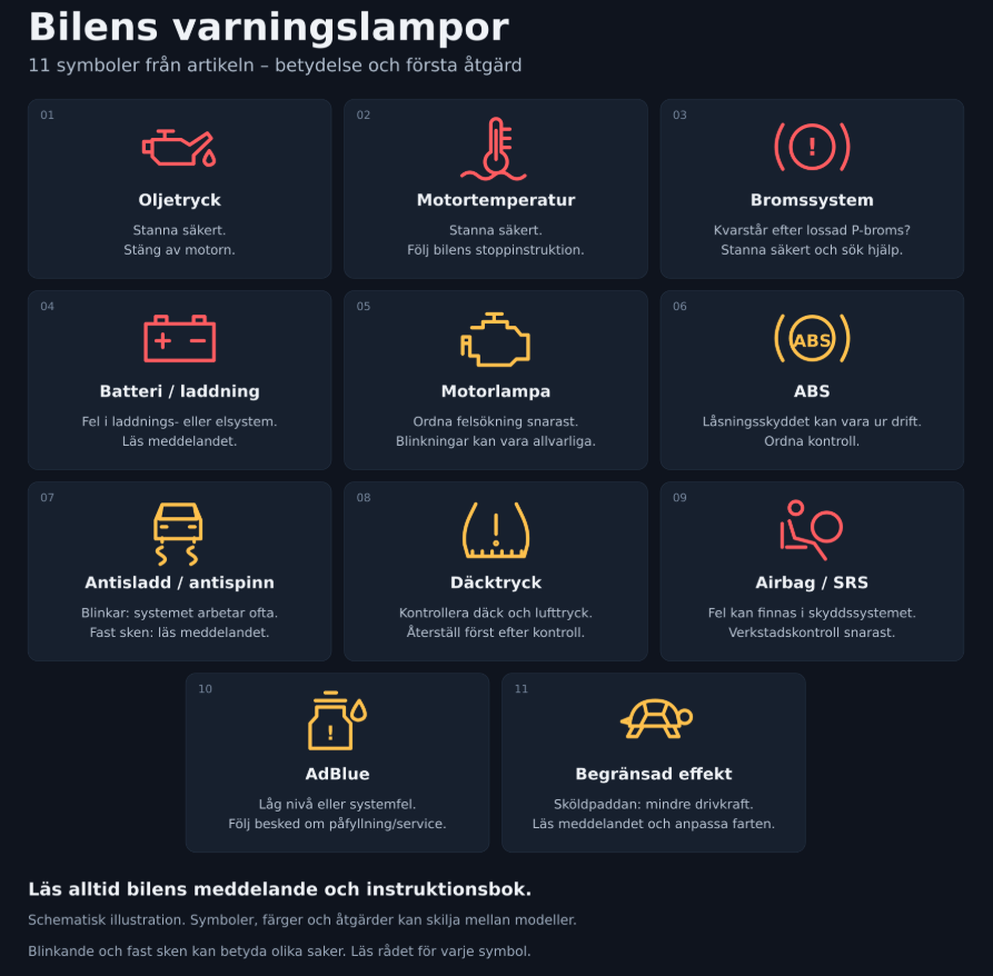 Bilens varningslampor – 11 symboler och vad de betyder