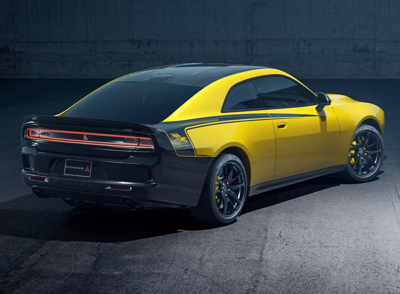 Nya Dodge Charger Super Bee i klassiskt utförande med två dörrar och den karaktäristiska logotypen på bakskärmen.