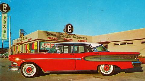 Åtskilliga återförsäljare hade Edsel som enda bilmärke! Man påpekar att 1959 kommer snart. Köp en 58:a till reducerat pris.
