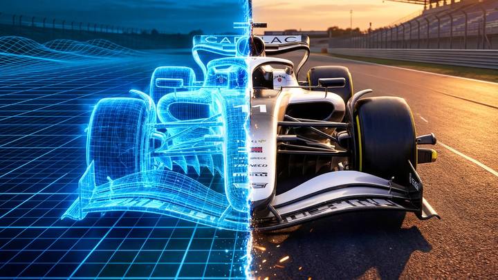 Cadillac har ambitioner långt bortom elbilar. Här ses en digital rendering av en F1-bil intill en verklig modell på en racerbana.