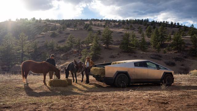 Cybertruckens flak fyllt med höbalar, flankerad av hästar och människor i cowboyattire. En typisk amerikansk scen – långt från svenska förhållanden.