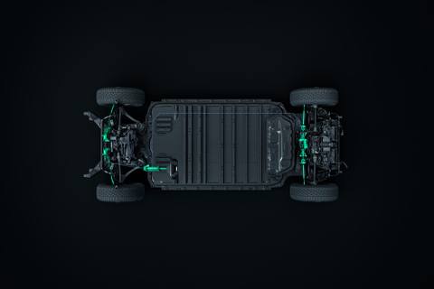 Tesla Cybertrucks chassi från en överblick. Här syns tydligt den kraftiga konstruktionen och batteripaketet i mitten.