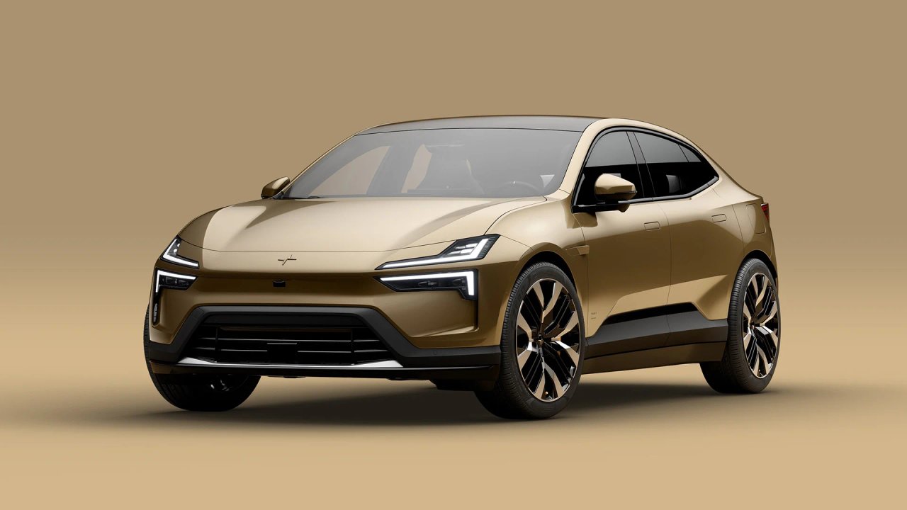 Polestar 4:ans futuristiska design med de unika Thors hammare-strålkastarna, här i den guldfärgade exteriören.
