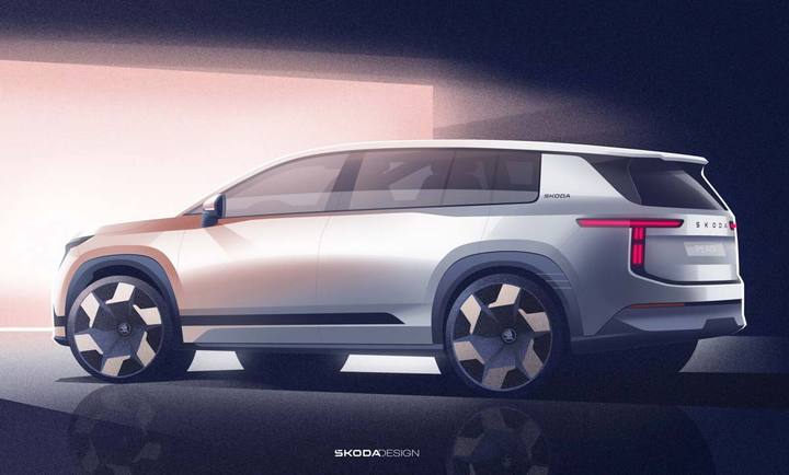 Skoda Peaq är designad för att erbjuda maximalt utrymme och praktikalitet, med en modern och robust framtoning som syns tydligt i denna skiss.