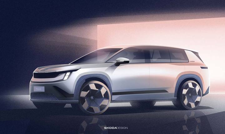 Skoda Peaq presenteras här i en designskiss. Den eldrivna SUV:en blir Skodas största hittills och en utmanare i familjebilssegmentet.