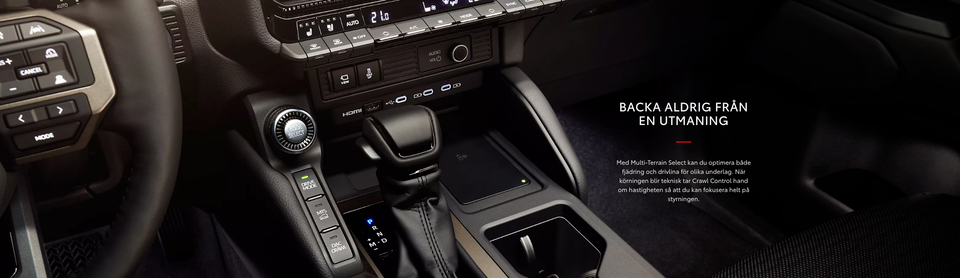 Interiören i nya Toyota Land Cruiser har reglage som "Multi-Terrain Select" och "Crawl Control", viktiga för terrängkörning.