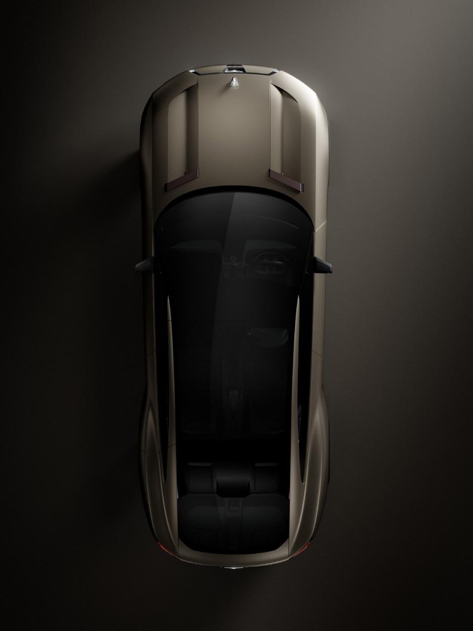 Bentley Torcal har en ny aerodynamisk design som syns tydligt från ovan. Här med en beigebrun exteriör och takrails i kopparfärg.