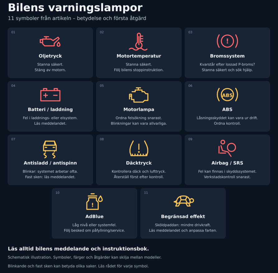 Bilens varningslampor – 11 symboler och vad de betyder