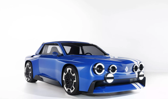 Den nya eldrivna Renault 8 Gordini har kaxiga former, kraftfulla strålkastare och den klassiska blåa färgen med vita ränder.